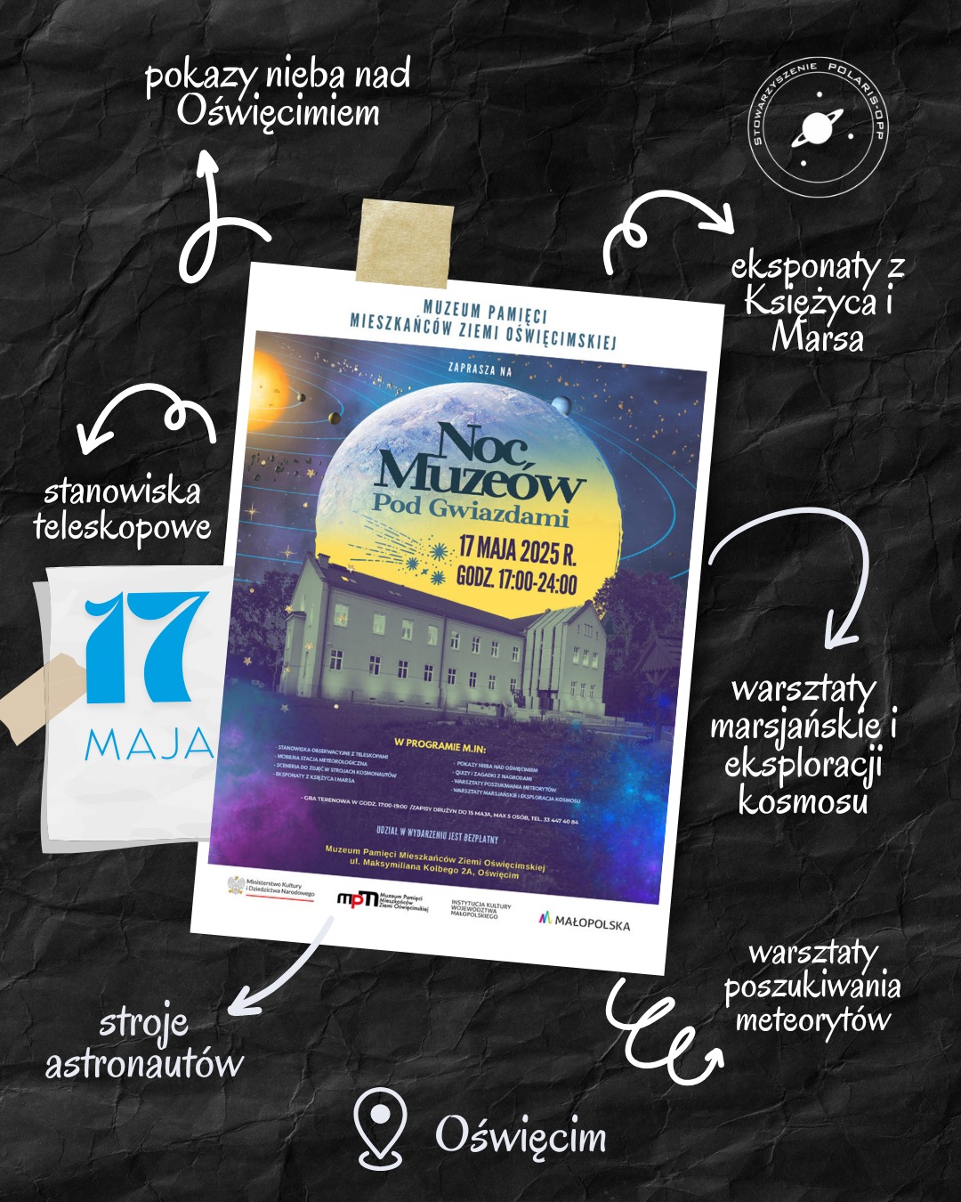 Noc Muzeów 2025 - plakat wydarzenia w Oświęcimiu.